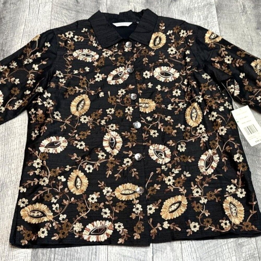 Laura Ashley100% Silk Button Shirt Blouse Small Embroidered Floral Shacket NEW